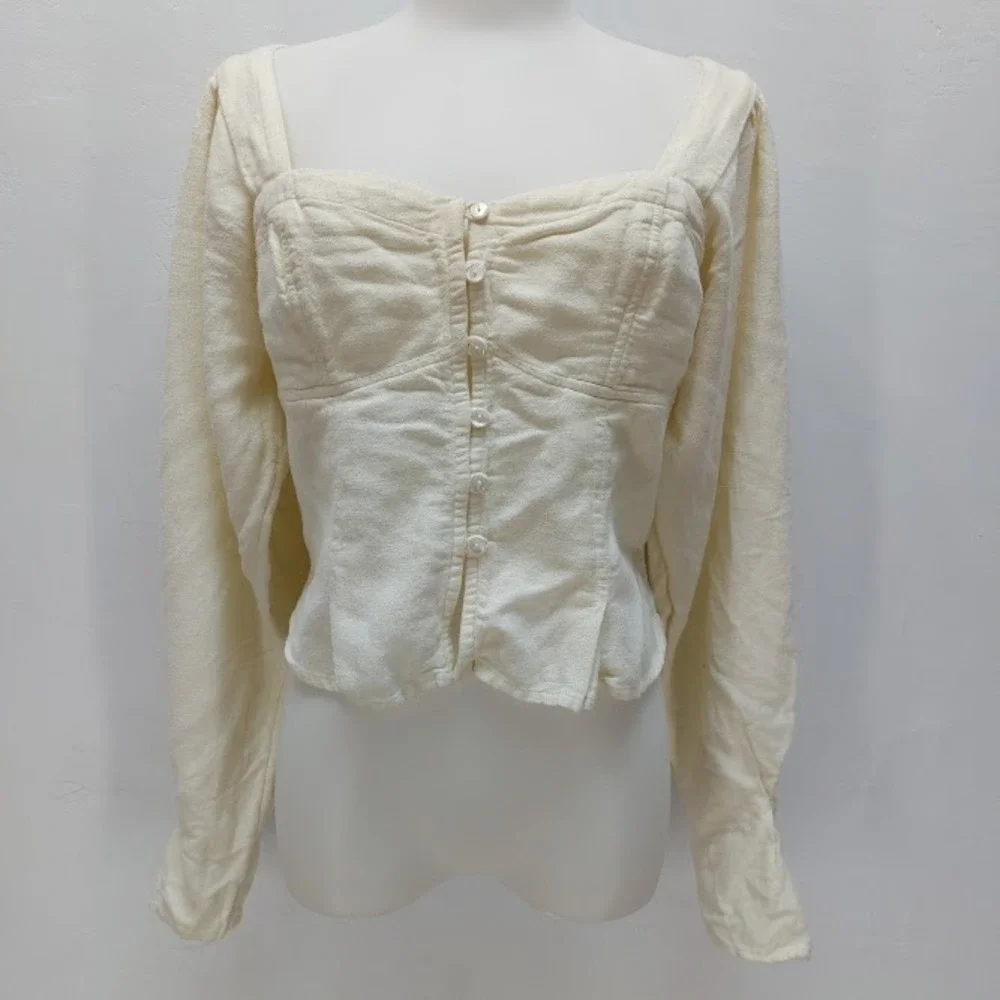 Free People Blouse Women's Small Cream Corset Button Front Puff Sleeve Tie Back